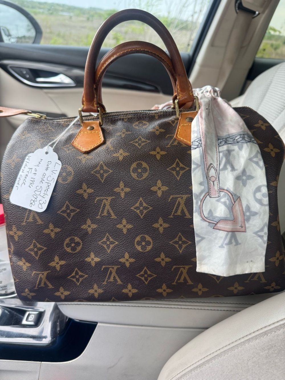 Louis Vuitton Brown Monogram Satchel with Pastel Scarf